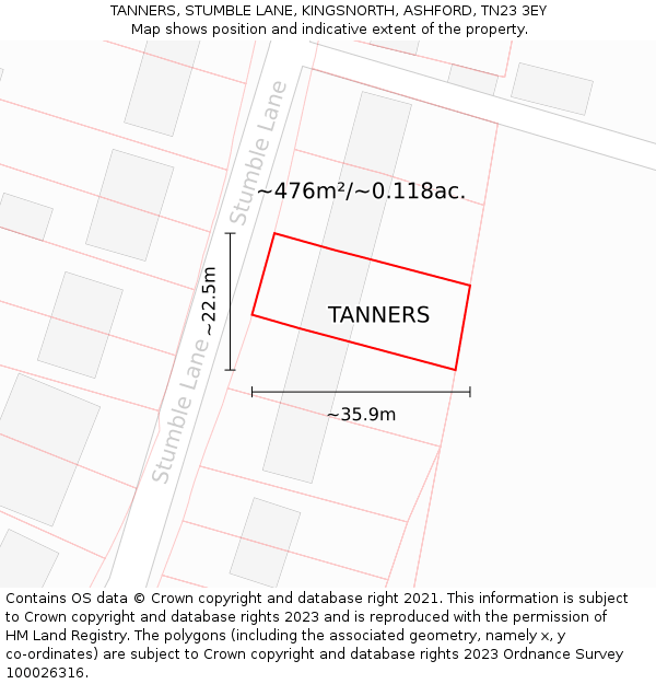 TANNERS, STUMBLE LANE, KINGSNORTH, ASHFORD, TN23 3EY: Plot and title map