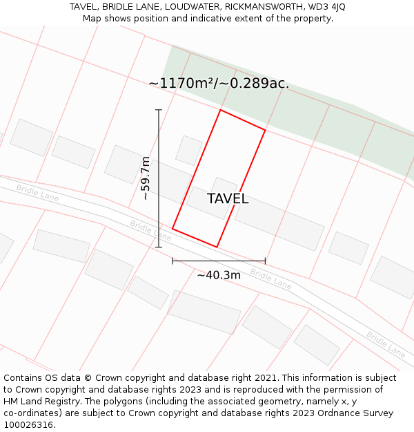 TAVEL, BRIDLE LANE, LOUDWATER, RICKMANSWORTH, WD3 4JQ: Plot and title map