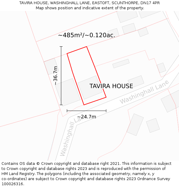 TAVIRA HOUSE, WASHINGHALL LANE, EASTOFT, SCUNTHORPE, DN17 4PR: Plot and title map