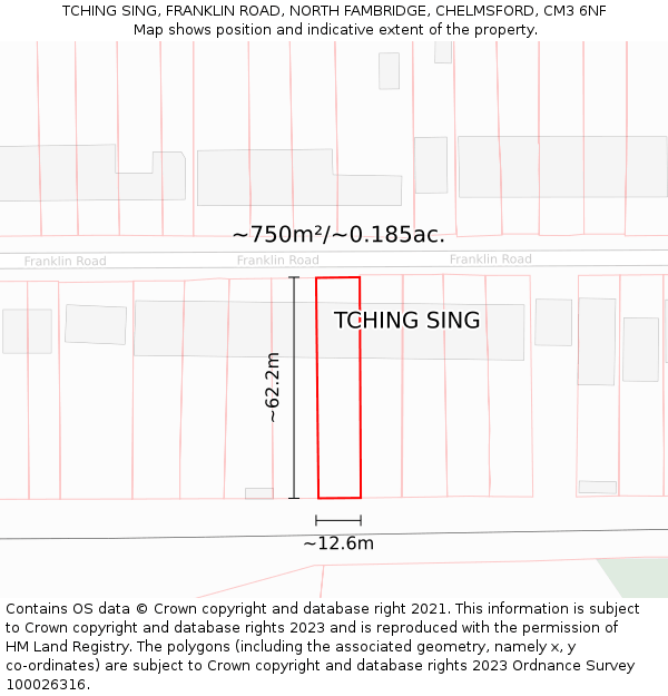 TCHING SING, FRANKLIN ROAD, NORTH FAMBRIDGE, CHELMSFORD, CM3 6NF: Plot and title map