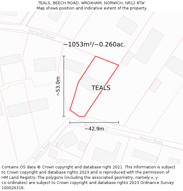 TEALS, BEECH ROAD, WROXHAM, NORWICH, NR12 8TW: Plot and title map