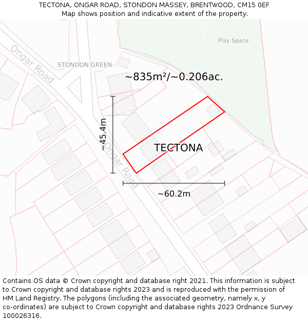 TECTONA, ONGAR ROAD, STONDON MASSEY, BRENTWOOD, CM15 0EF: Plot and title map