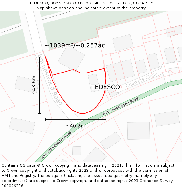 TEDESCO, BOYNESWOOD ROAD, MEDSTEAD, ALTON, GU34 5DY: Plot and title map