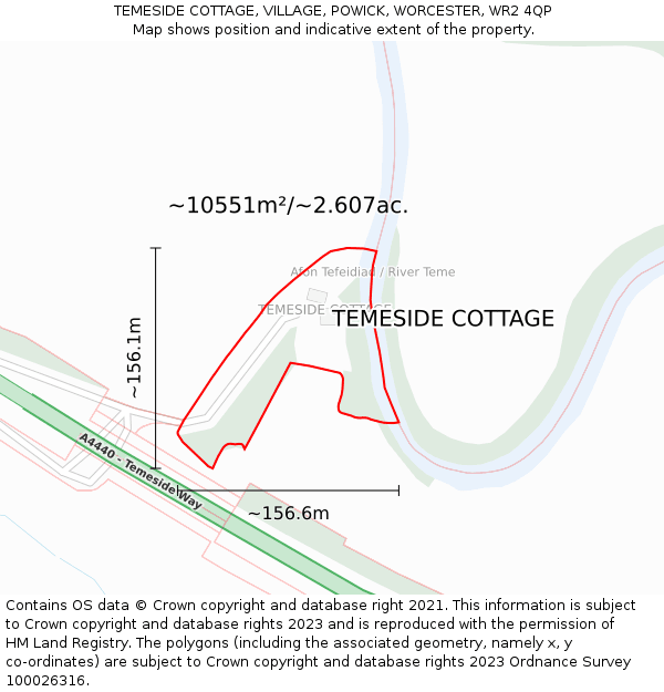 TEMESIDE COTTAGE, VILLAGE, POWICK, WORCESTER, WR2 4QP: Plot and title map