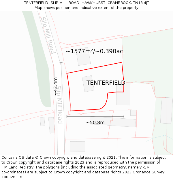 TENTERFIELD, SLIP MILL ROAD, HAWKHURST, CRANBROOK, TN18 4JT: Plot and title map