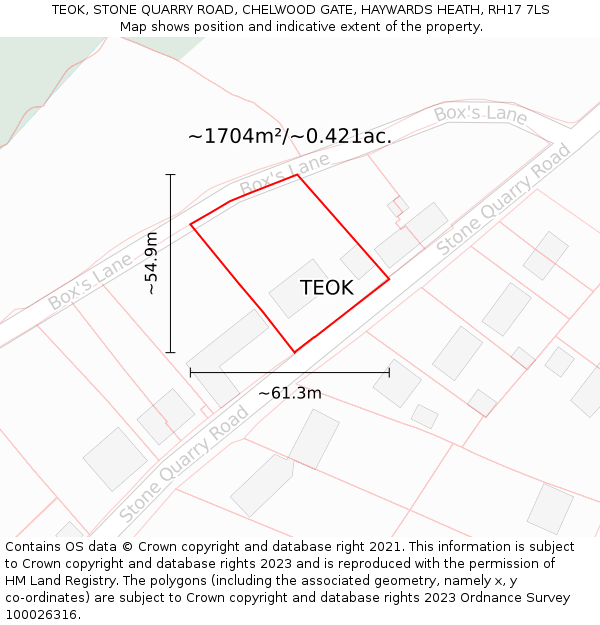 TEOK, STONE QUARRY ROAD, CHELWOOD GATE, HAYWARDS HEATH, RH17 7LS: Plot and title map