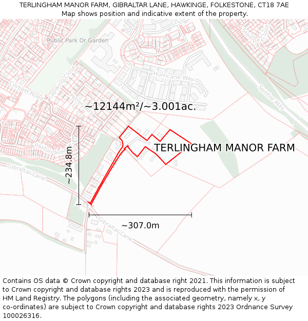 TERLINGHAM MANOR FARM, GIBRALTAR LANE, HAWKINGE, FOLKESTONE, CT18 7AE: Plot and title map