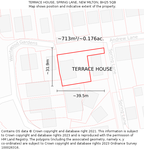 TERRACE HOUSE, SPRING LANE, NEW MILTON, BH25 5QB: Plot and title map