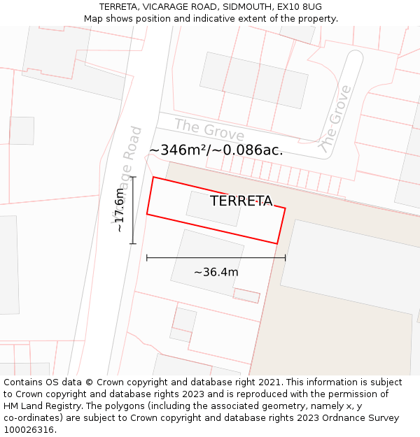 TERRETA, VICARAGE ROAD, SIDMOUTH, EX10 8UG: Plot and title map