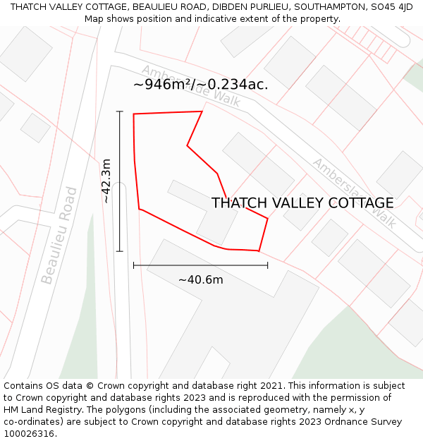 THATCH VALLEY COTTAGE, BEAULIEU ROAD, DIBDEN PURLIEU, SOUTHAMPTON, SO45 4JD: Plot and title map