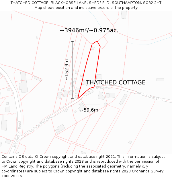 THATCHED COTTAGE, BLACKHORSE LANE, SHEDFIELD, SOUTHAMPTON, SO32 2HT: Plot and title map