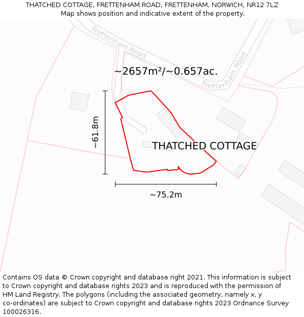 THATCHED COTTAGE, FRETTENHAM ROAD, FRETTENHAM, NORWICH, NR12 7LZ: Plot and title map