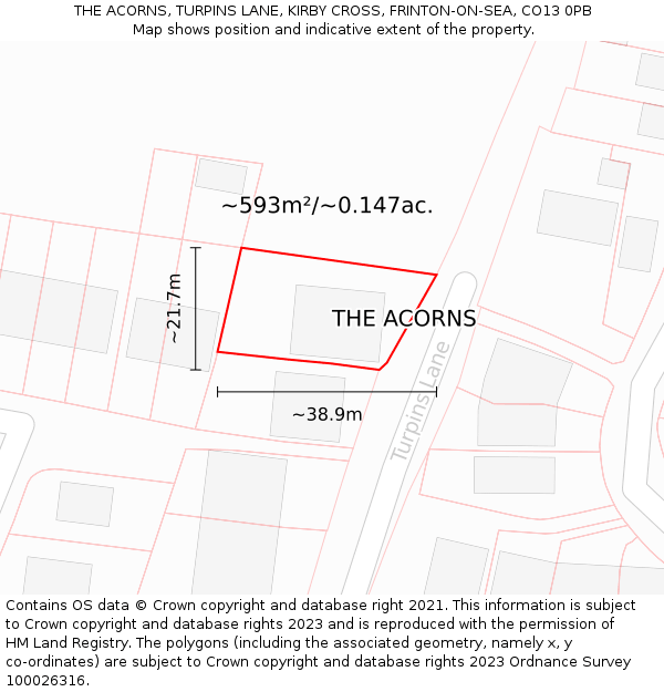 THE ACORNS, TURPINS LANE, KIRBY CROSS, FRINTON-ON-SEA, CO13 0PB: Plot and title map