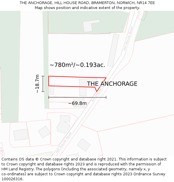 THE ANCHORAGE, HILL HOUSE ROAD, BRAMERTON, NORWICH, NR14 7EE: Plot and title map