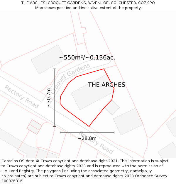 THE ARCHES, CROQUET GARDENS, WIVENHOE, COLCHESTER, CO7 9PQ: Plot and title map
