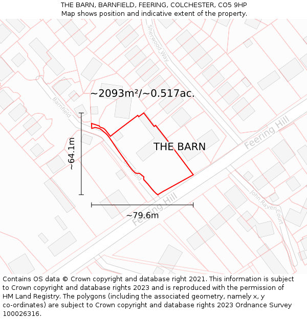 THE BARN, BARNFIELD, FEERING, COLCHESTER, CO5 9HP: Plot and title map