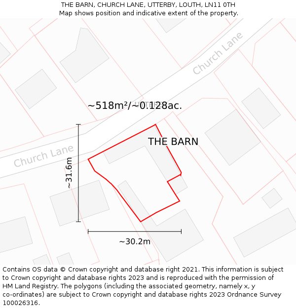 THE BARN, CHURCH LANE, UTTERBY, LOUTH, LN11 0TH: Plot and title map