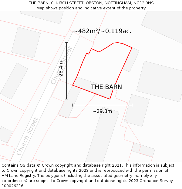 THE BARN, CHURCH STREET, ORSTON, NOTTINGHAM, NG13 9NS: Plot and title map