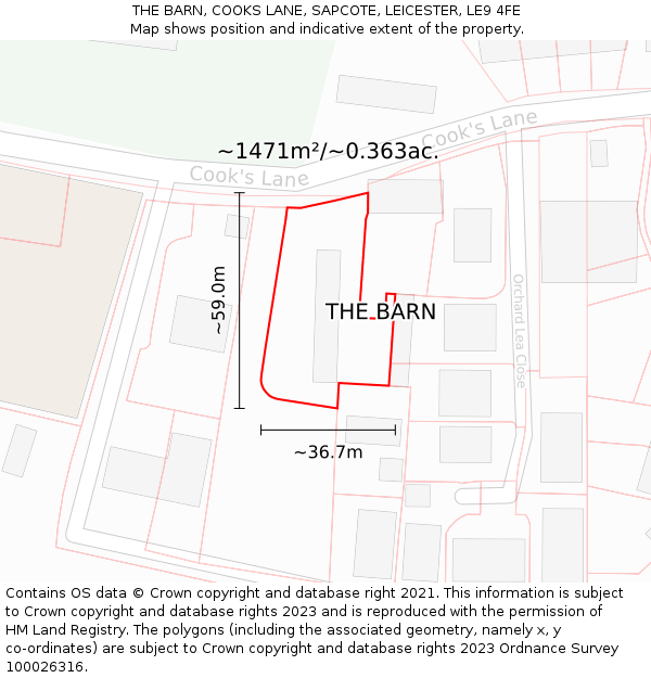 THE BARN, COOKS LANE, SAPCOTE, LEICESTER, LE9 4FE: Plot and title map