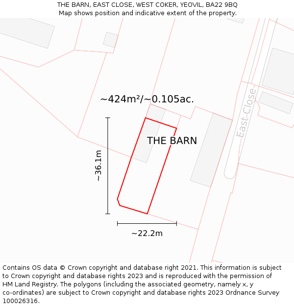 THE BARN, EAST CLOSE, WEST COKER, YEOVIL, BA22 9BQ: Plot and title map