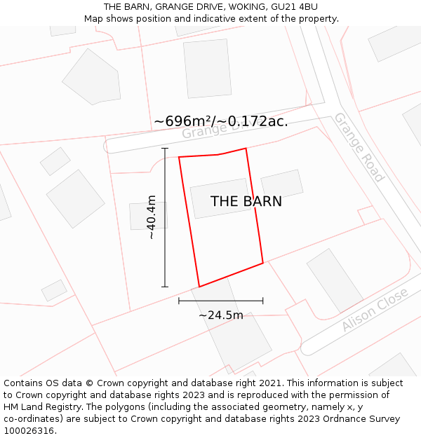 THE BARN, GRANGE DRIVE, WOKING, GU21 4BU: Plot and title map