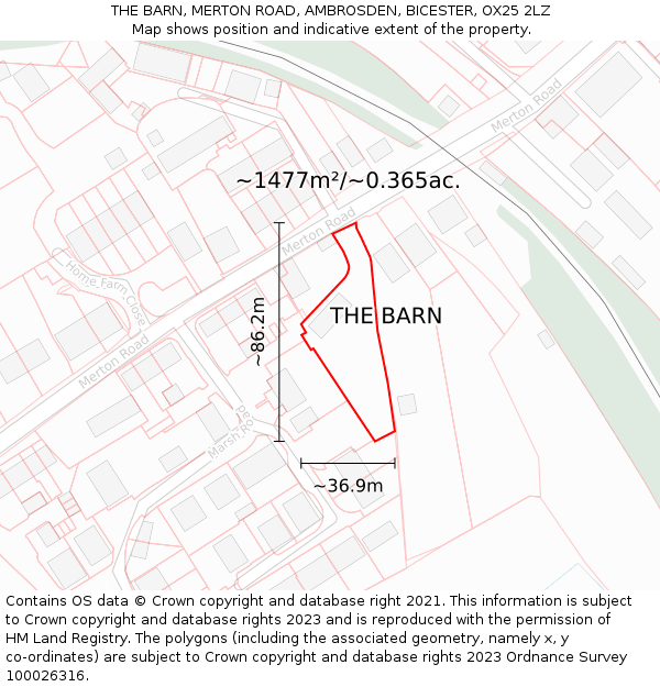 THE BARN, MERTON ROAD, AMBROSDEN, BICESTER, OX25 2LZ: Plot and title map