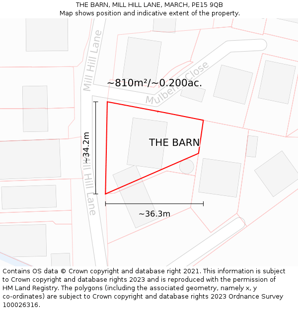 THE BARN, MILL HILL LANE, MARCH, PE15 9QB: Plot and title map