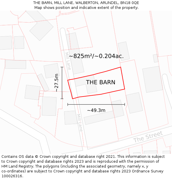 THE BARN, MILL LANE, WALBERTON, ARUNDEL, BN18 0QE: Plot and title map