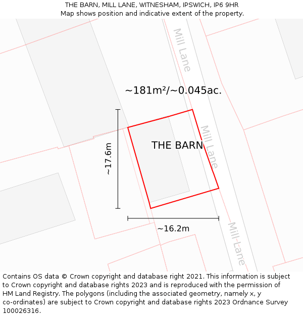 THE BARN, MILL LANE, WITNESHAM, IPSWICH, IP6 9HR: Plot and title map