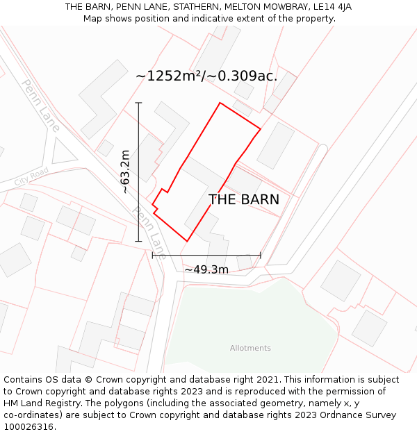 THE BARN, PENN LANE, STATHERN, MELTON MOWBRAY, LE14 4JA: Plot and title map