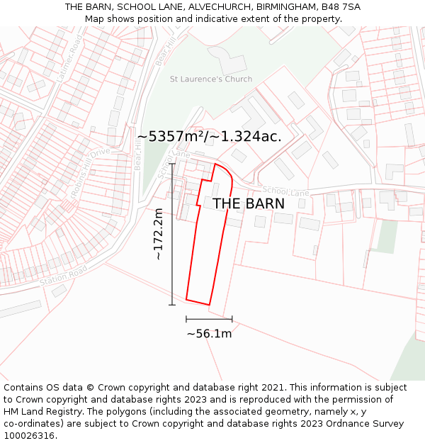 THE BARN, SCHOOL LANE, ALVECHURCH, BIRMINGHAM, B48 7SA: Plot and title map