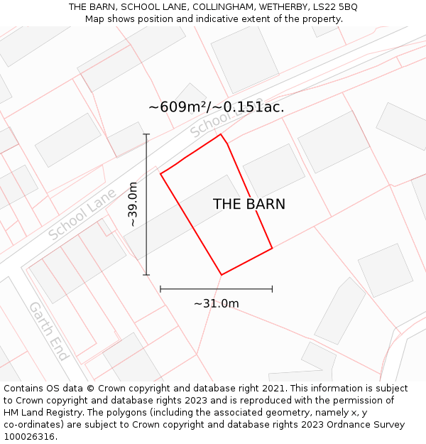 THE BARN, SCHOOL LANE, COLLINGHAM, WETHERBY, LS22 5BQ: Plot and title map