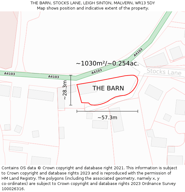 THE BARN, STOCKS LANE, LEIGH SINTON, MALVERN, WR13 5DY: Plot and title map