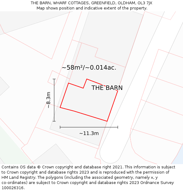 THE BARN, WHARF COTTAGES, GREENFIELD, OLDHAM, OL3 7JX: Plot and title map