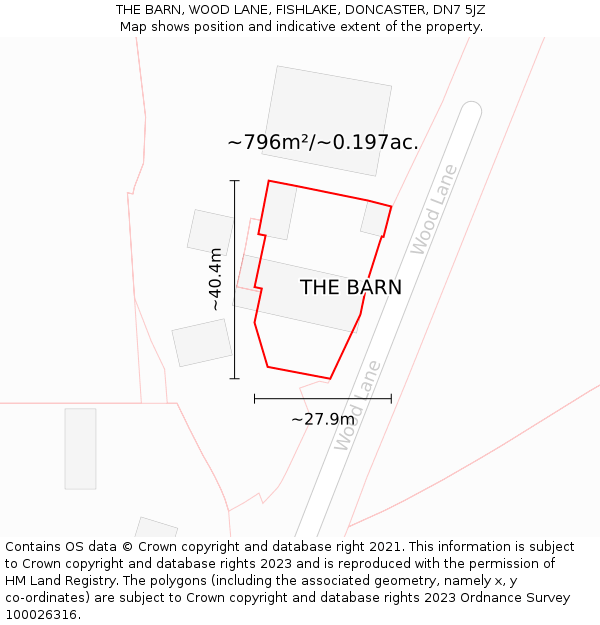 THE BARN, WOOD LANE, FISHLAKE, DONCASTER, DN7 5JZ: Plot and title map