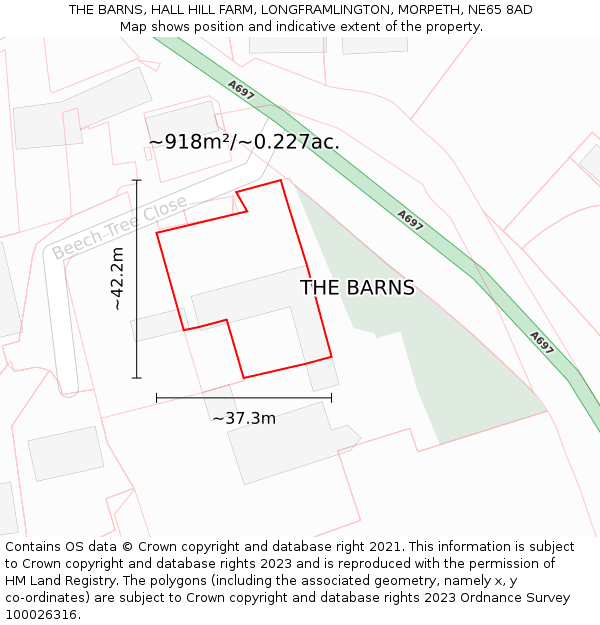 THE BARNS, HALL HILL FARM, LONGFRAMLINGTON, MORPETH, NE65 8AD: Plot and title map