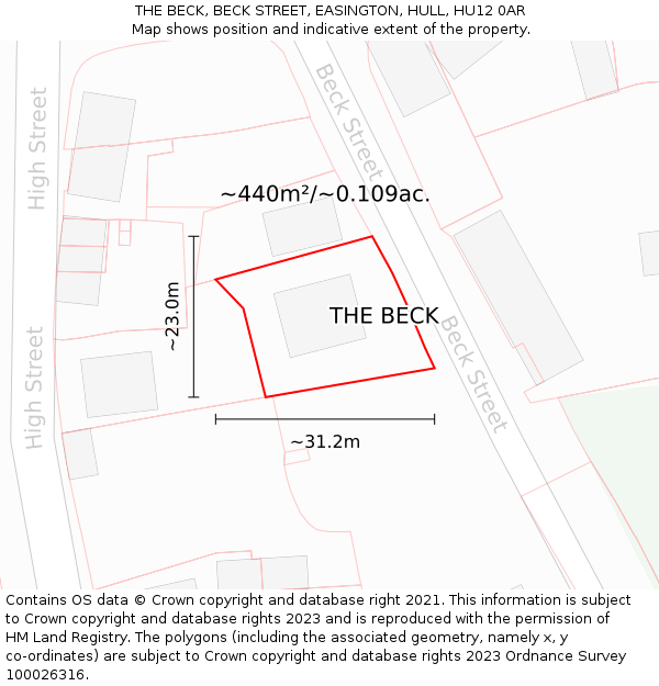 THE BECK, BECK STREET, EASINGTON, HULL, HU12 0AR: Plot and title map