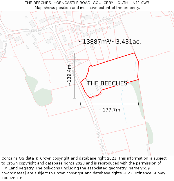 THE BEECHES, HORNCASTLE ROAD, GOULCEBY, LOUTH, LN11 9WB: Plot and title map