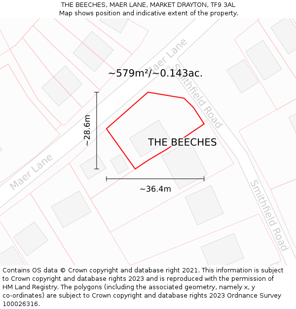 THE BEECHES, MAER LANE, MARKET DRAYTON, TF9 3AL: Plot and title map