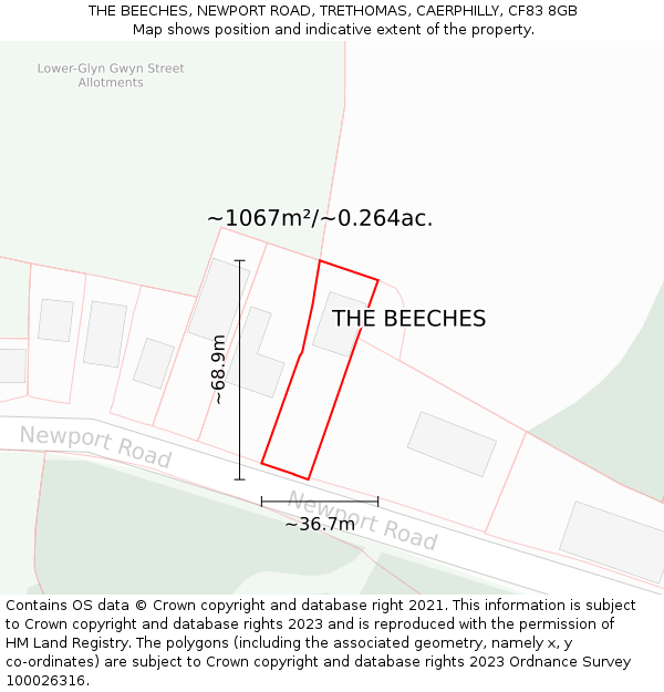 THE BEECHES, NEWPORT ROAD, TRETHOMAS, CAERPHILLY, CF83 8GB: Plot and title map