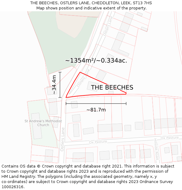 THE BEECHES, OSTLERS LANE, CHEDDLETON, LEEK, ST13 7HS: Plot and title map