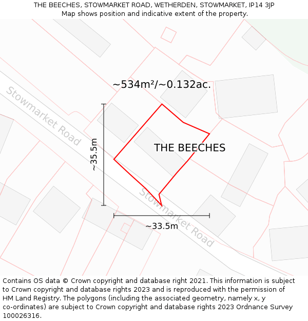 THE BEECHES, STOWMARKET ROAD, WETHERDEN, STOWMARKET, IP14 3JP: Plot and title map