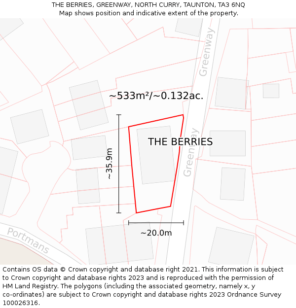 THE BERRIES, GREENWAY, NORTH CURRY, TAUNTON, TA3 6NQ: Plot and title map