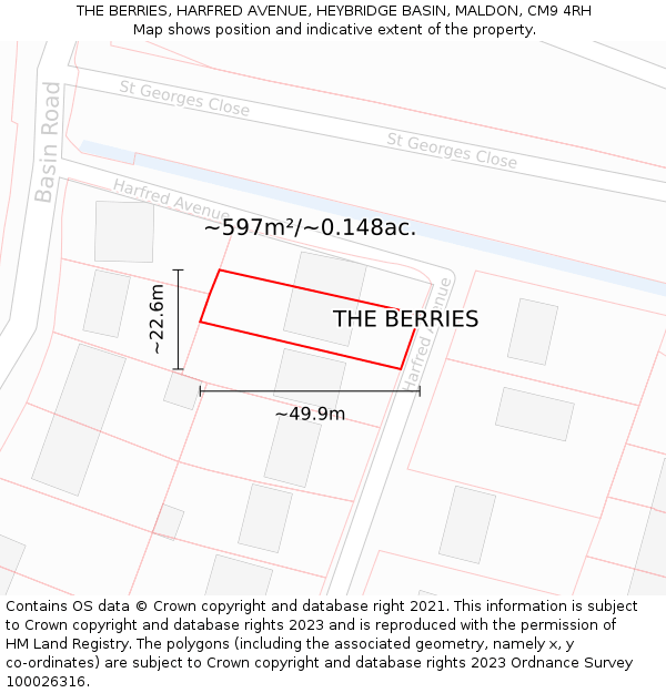THE BERRIES, HARFRED AVENUE, HEYBRIDGE BASIN, MALDON, CM9 4RH: Plot and title map