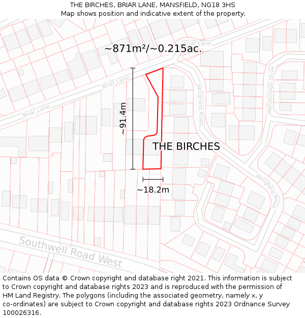 THE BIRCHES, BRIAR LANE, MANSFIELD, NG18 3HS: Plot and title map