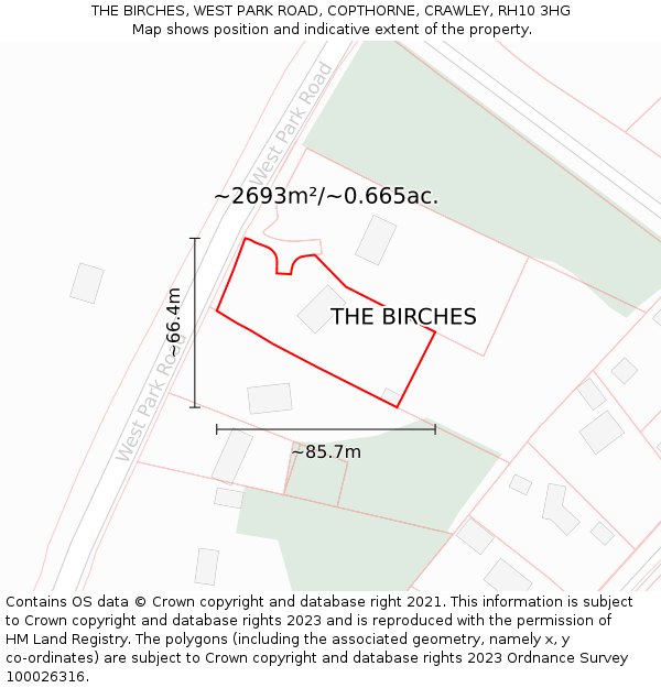 THE BIRCHES, WEST PARK ROAD, COPTHORNE, CRAWLEY, RH10 3HG: Plot and title map