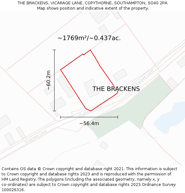 THE BRACKENS, VICARAGE LANE, COPYTHORNE, SOUTHAMPTON, SO40 2PA: Plot and title map