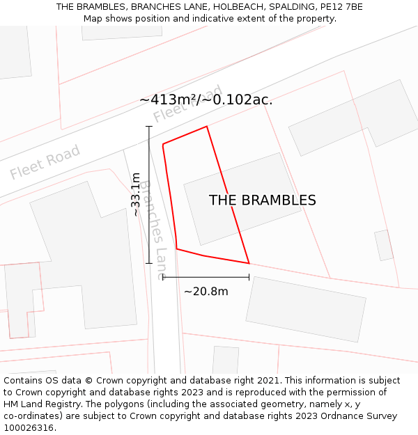 THE BRAMBLES, BRANCHES LANE, HOLBEACH, SPALDING, PE12 7BE: Plot and title map