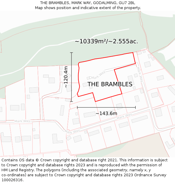 THE BRAMBLES, MARK WAY, GODALMING, GU7 2BL: Plot and title map