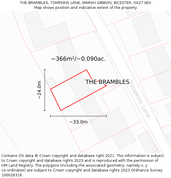 THE BRAMBLES, TOMPKINS LANE, MARSH GIBBON, BICESTER, OX27 0EX: Plot and title map